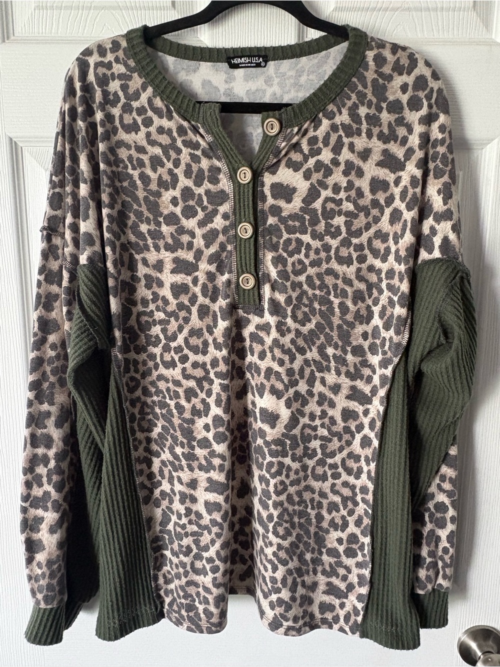 HEIMISH USA Adorable Leopard Henley Top with Olive Waffle Print Accents 1X